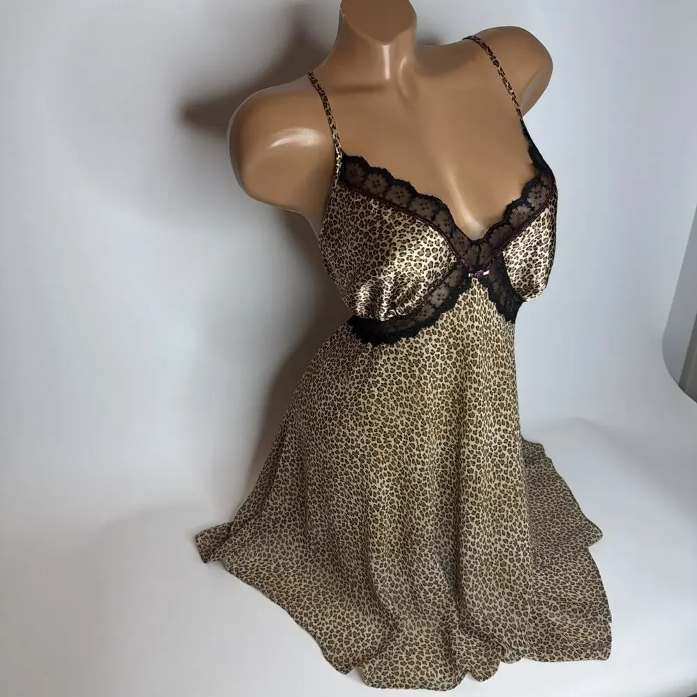 Vintage 80s Lingerie Slip Dress Womens M Leopard Print Lace Satin Coquette Fairy